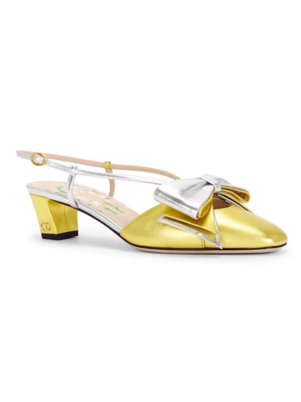 Valentino Garavani Bowow 45 Slingback Bow Kitten Heels Gold Silver - 38 (US 8)